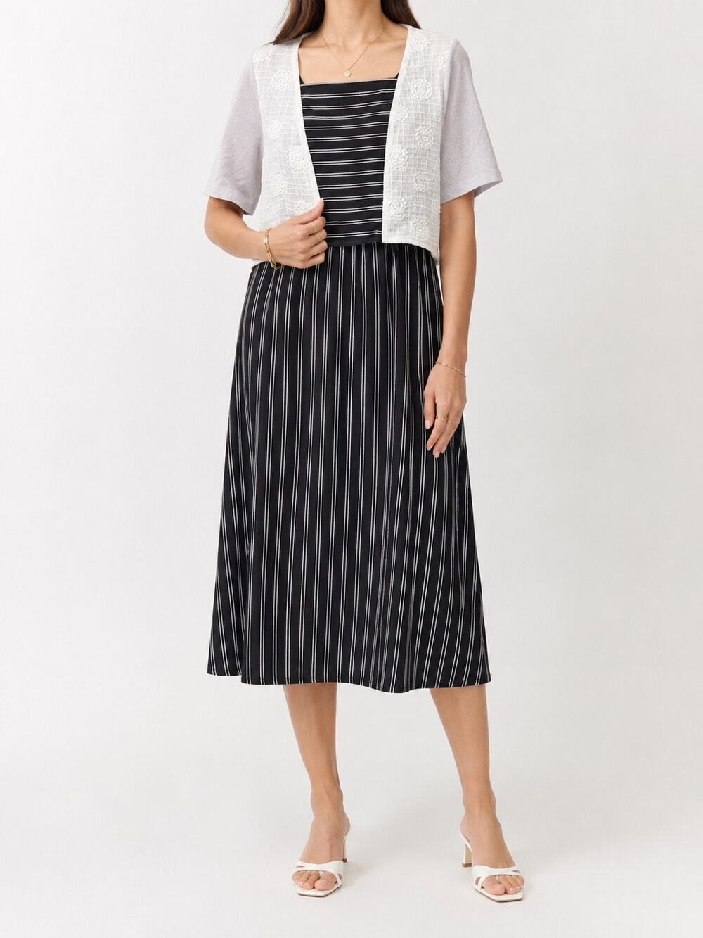 PIPER & SCOOT Black White Stripe Lace Overlay Midi Dress Small Boho Modest